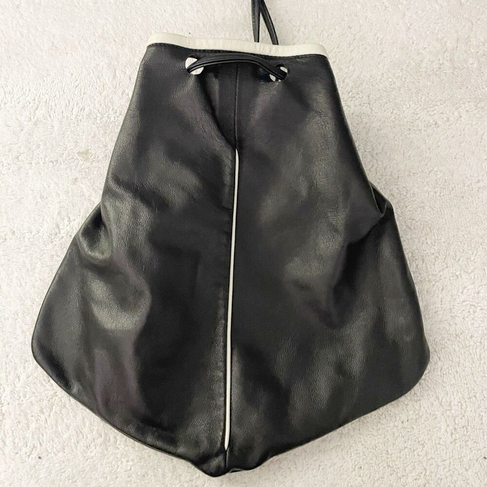 Vintage Black Leather Shoulder Bucket Drawstring Bag with White Trim Artsy 90s - Picture 8 of 9